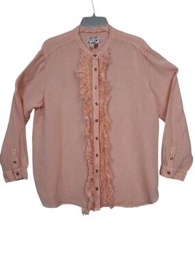 Pilcro by Anthropologie | Pink Ruffle Linen Blend Button Down Blouse | Size XL